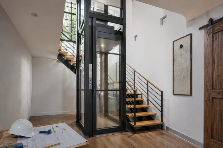 Home elevator retrofit with shallow pit and low headroom residential elevator shaft