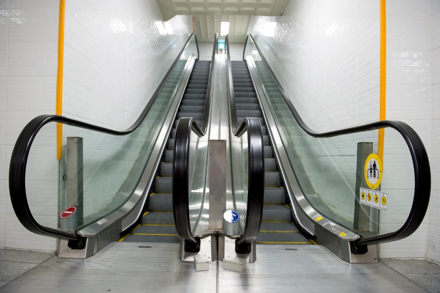 Modern escalator safety features in a public transportation facility