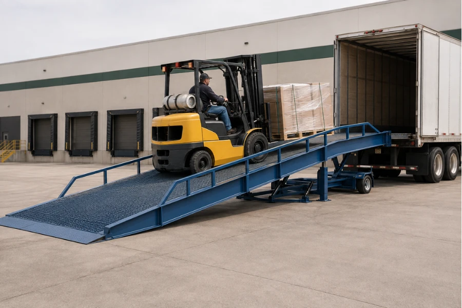 Warehouse loading ramp connecting a forklift to a truck trailer