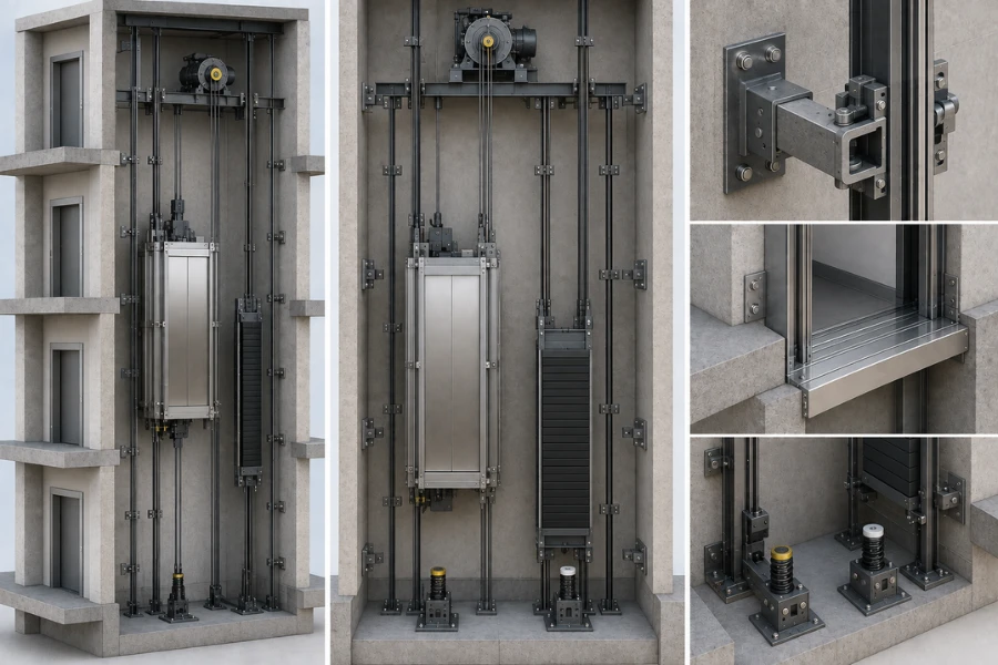Elevator shaft design with guide rails, brackets, landing doors, pit and overhead interfaces