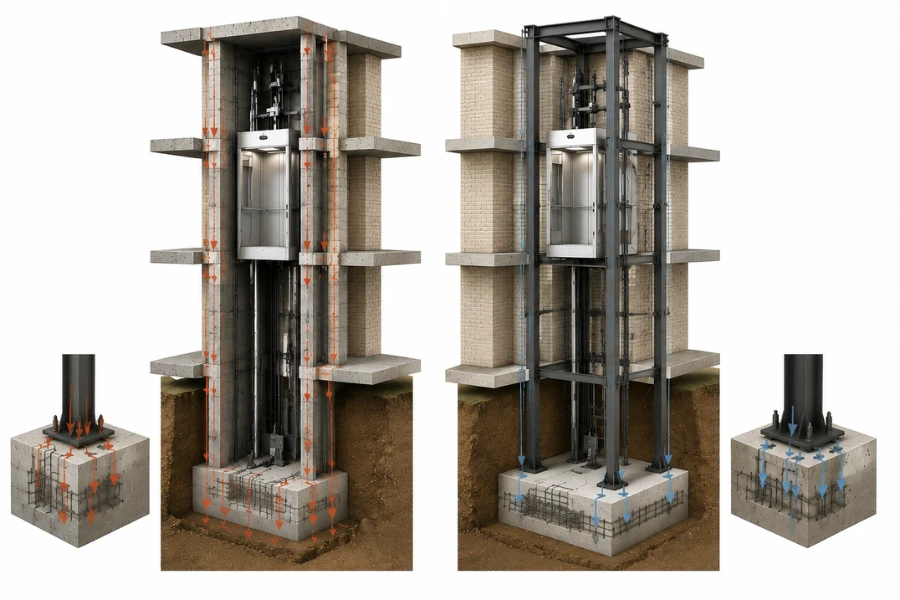 Self Supporting Elevator Shaft structure with independent load transfer system