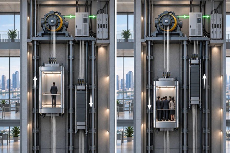 Traction elevator counterweight and regenerative energy operation