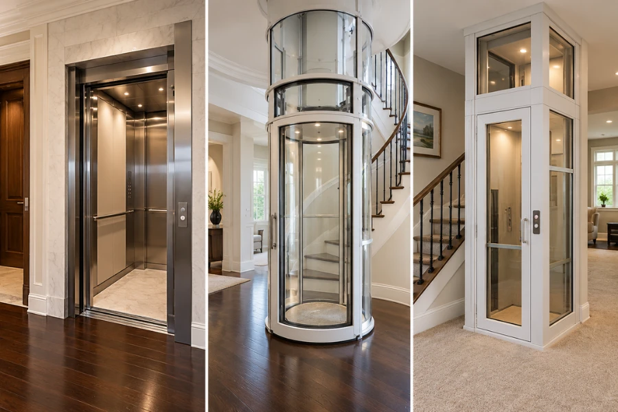 Home elevator space requirements for conventional and compact lift systems