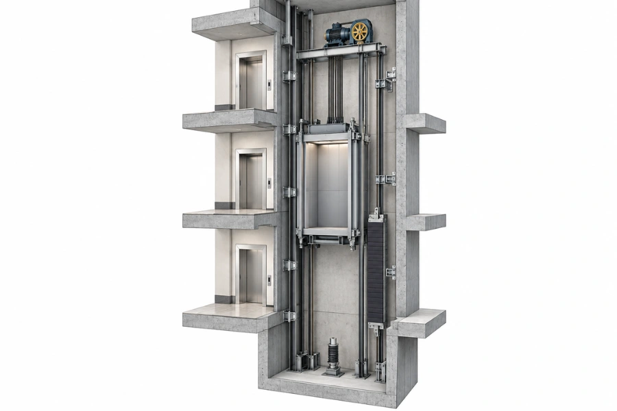 Elevator shaft dimensions showing pit depth and overhead clearance for an RFQ